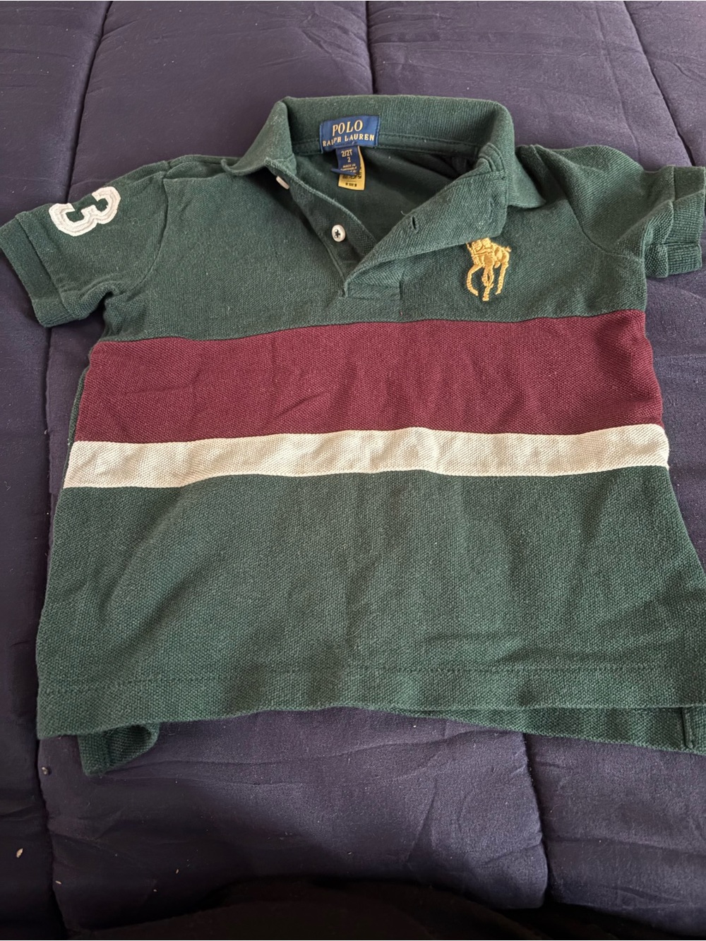 Polo by Ralph Lauren Green Rugby Stripe Polo with Burgundy & Cream Bands 2T